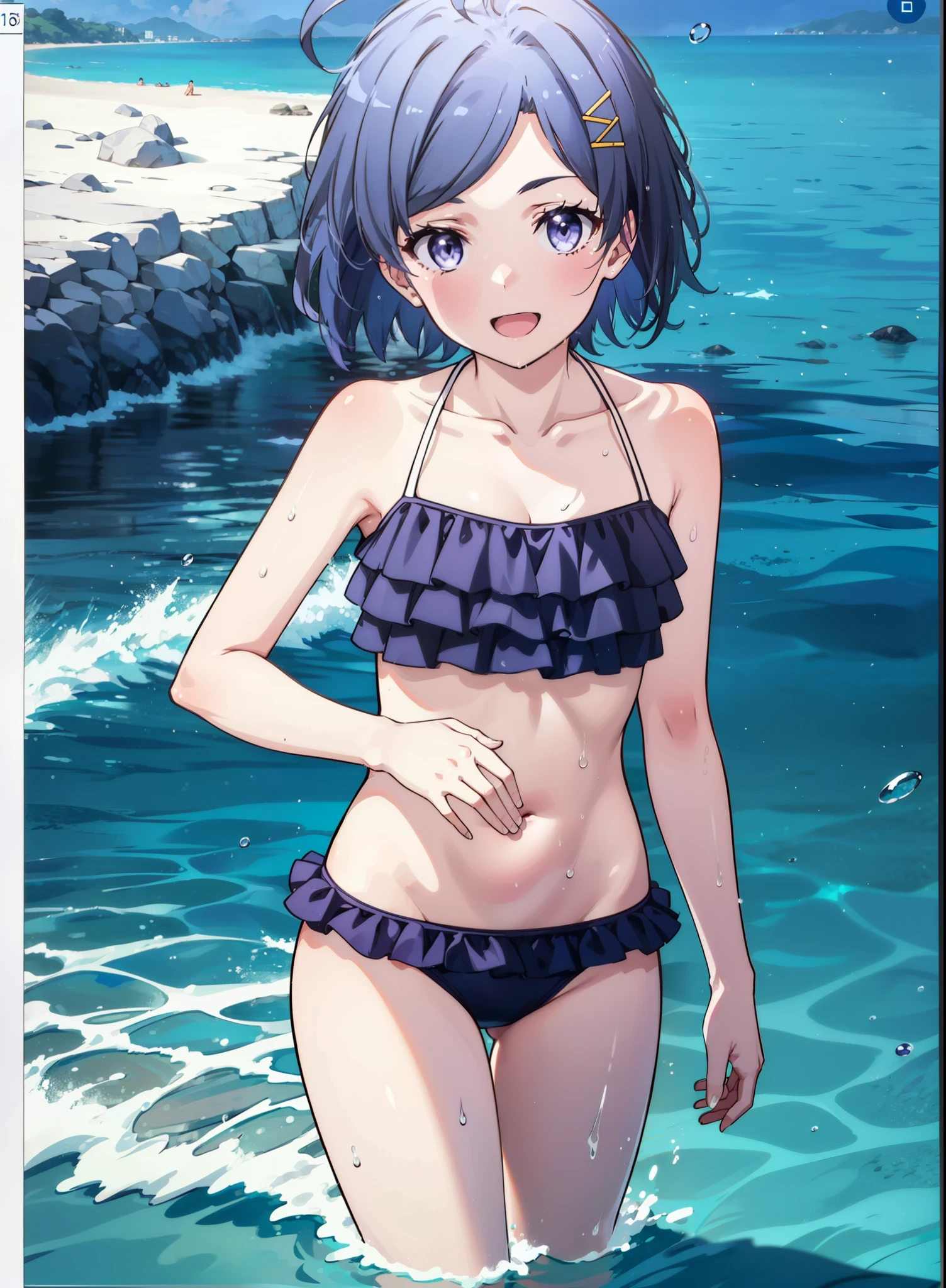 komachihikigaya, komachi hikigaya, short hair, Black Hair, hair ornaments, Ahoge, (Purple eyes:1.1), tooth, smile, Open your mouth, Bikini swimsuit with ruffles,barefoot,Water Play,Wet swimsuit,Wet Hair,Wet Skin,whole bodyがイラストに入るように,
break outdoors, Ocean,Beach,
break looking at viewer,whole body ,(Cowboy Shot:1. 5),
break (masterpiece:1.2), Highest quality, High resolution, unity 8k wallpaper, (figure:0.8), (Beautiful attention to detail:1.6), Highly detailed face, Perfect lighting, Highly detailed CG, (Perfect hands, Perfect Anatomy),