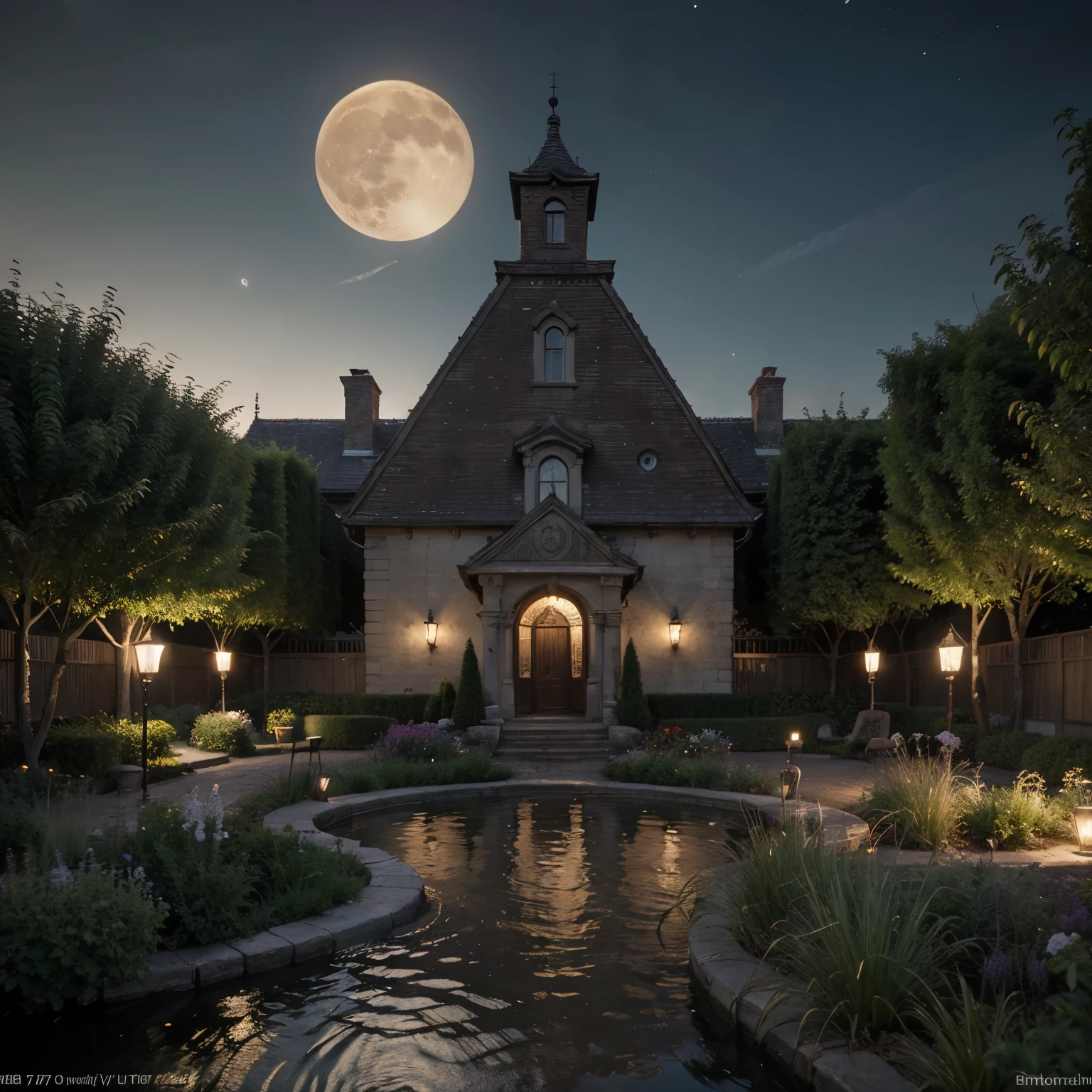 ((best quality)), ((masterpiece)), (detailed), a moonlit garden, glowing moon, dramatic lighting, ethereal atmosphere, photorealistic, concept art style,