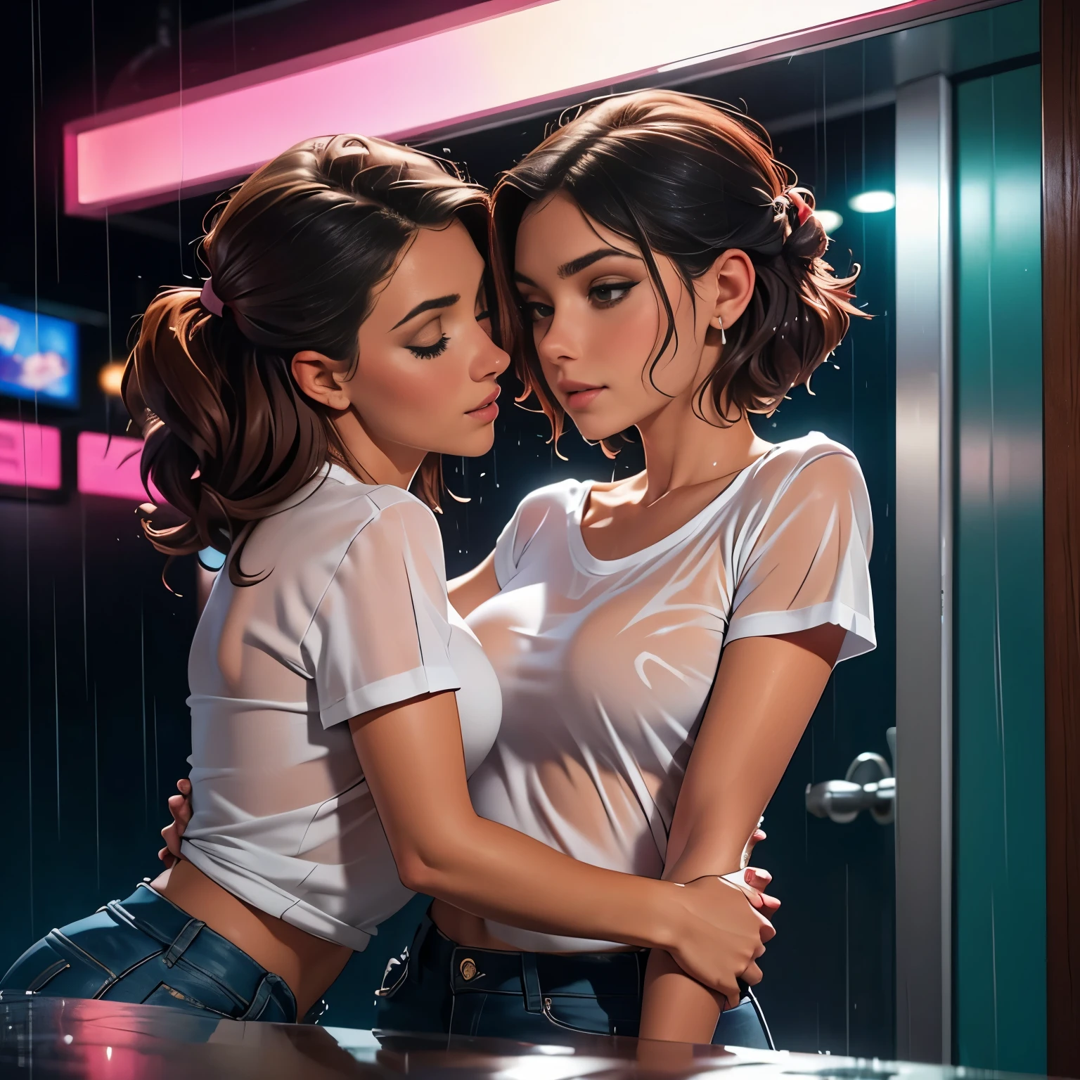 Two women (One woman is 60 years old and the other is 18 years old.) at the bathroom door of the nightclub, lips touching, Wet shirt, Lesbians, Wet, Bottom angle, soaking Wet, under the rain , sapphic art, Cute girls, carnal ) Wet, Foto POV, kissing under a dim disco light , Lesbian, Two women, Wet, Wet tshirt, Bottom shot, Wet and slimy, lavarse under the rain