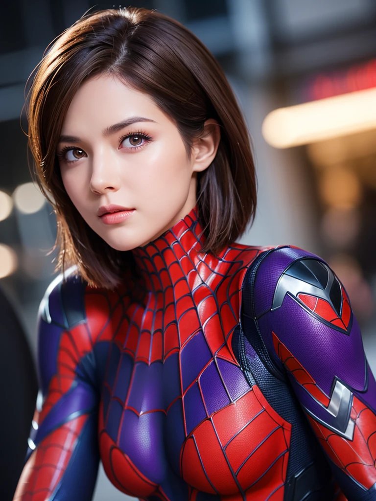 masterpiece, high quality,One Woman, (Detailed face:1.3), Short brown hair, Purple eyes, Spider-Man 2099 Costume, lean forward