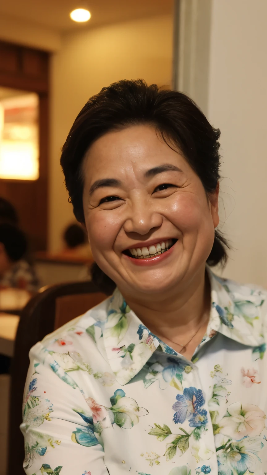 8k wallpaper, masterpiece, Highest quality, Very detailed, One Mature Woman, 50 years old, Become very clear, Wearing a spring-like shirt, Skin dents, Captivating smile, Looking at the audience, , Plump, Curvaceous, Attractive face, Smiling with teeth showing, I was happy, sitting in a cafe, Background Blur