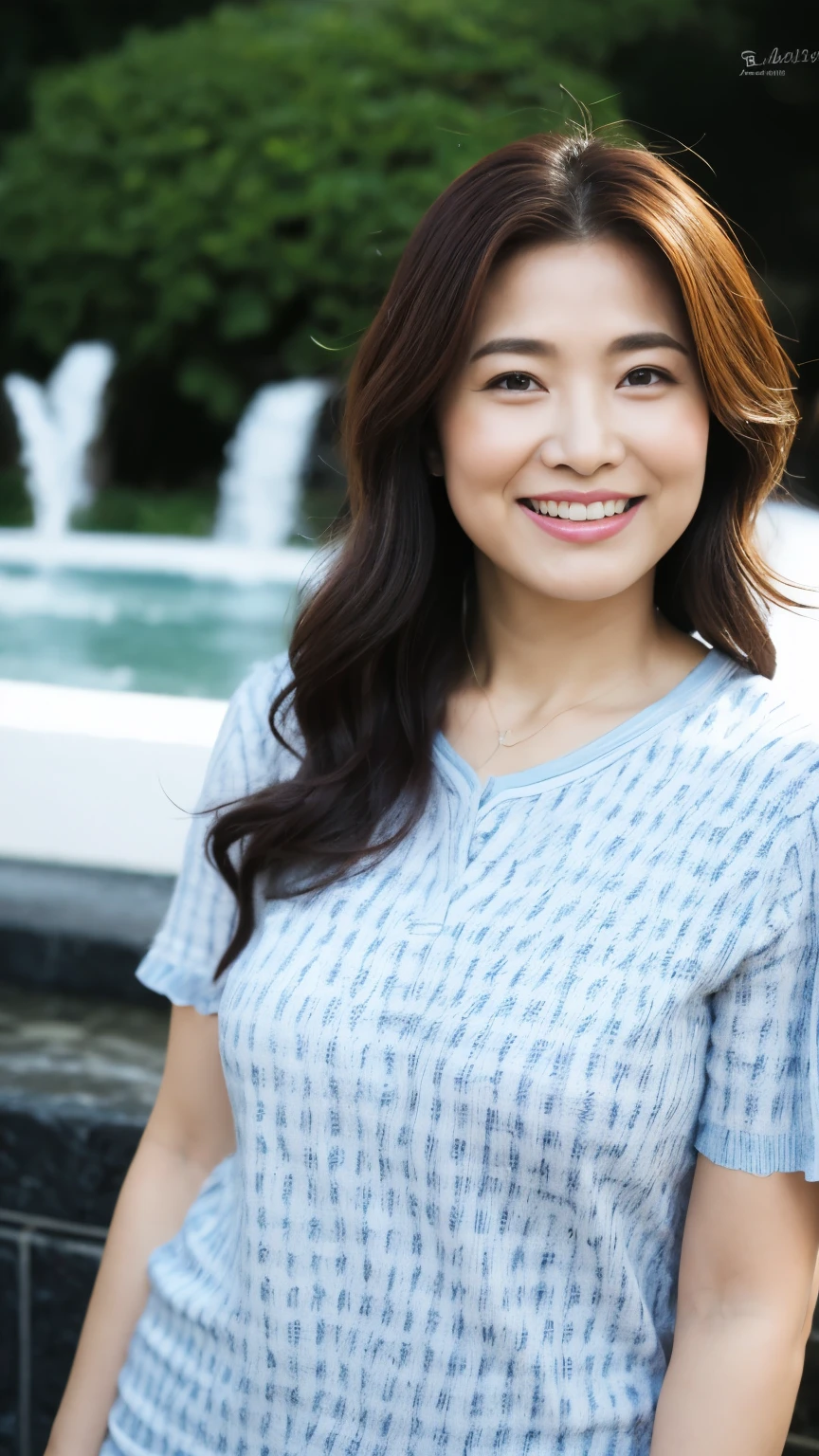 最high quality, In 8K, whole body, Real, Upper Body, high quality, High resolution, Detailed face, Detailed eyes, Thick lips, (Look at the viewers), alone, Middle-aged women, , 60 years old, , Wavy Hair, , Wearing short sleeves, Standing in front of a fountain, Wrinkles around the eyes, Smiling with teeth showing, Background Blur