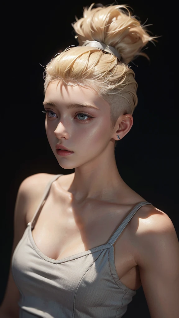 a 20 yo woman, blonde, (hi-top fade:1.3), dark theme, soothing tones, muted colors, high contrast, (natural skin texture, hyperrealism, soft light, sharp)