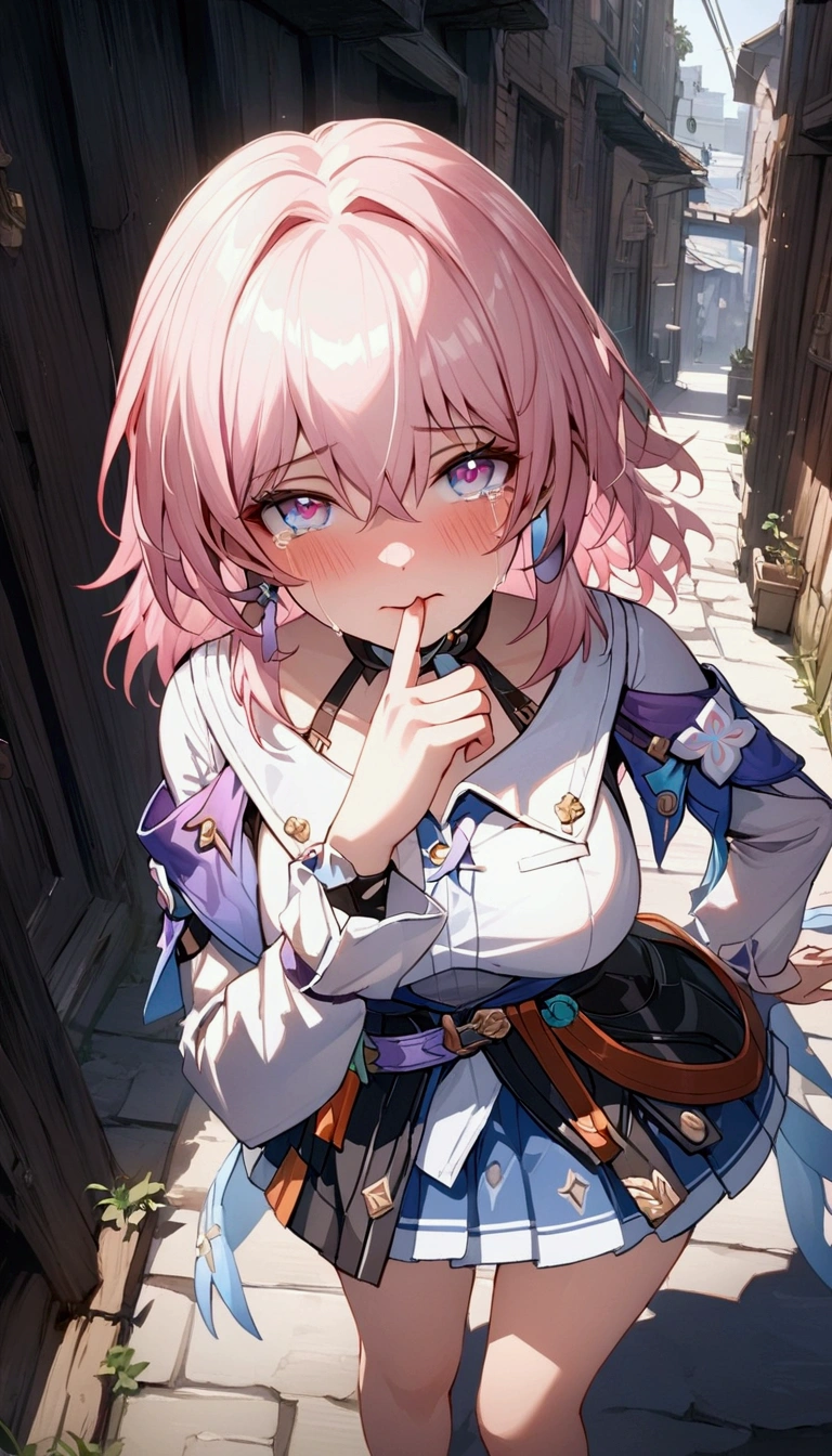 (Masterpiece. The best quality. 8K. Sharp focus. Depth of field, The best shadows. Perfect lighting. HDR. Realistic skin texture. Ultra-detailed background. Detail). Anime style. Honkai: Star Rail. March 7. 1 girl. Pink hair. Short hair Pink-pearlescent eyes, beautiful eyes, beautiful eyes, expressive eyes. Beautiful nose, perfect facial features. Perfect anatomical body. Beautiful long legs. B-size breasts, beautiful breasts. White panties stained with liquid diarrhea, a short skirt and a long-sleeved shirt. A belt at the waist, a bow under the breasts and a glove on her hand. She is sick. She has a cold. She has a runny nose. She has a runny nose. She sneezes into her palms. She blows her nose into a handkerchief. Belobog city, a small alley. Standing at full height.  Shame, embarrassment, blush, guilty look, tears in eyes, crying, looking at viewer. No toilet paper. Full length. Whole body.