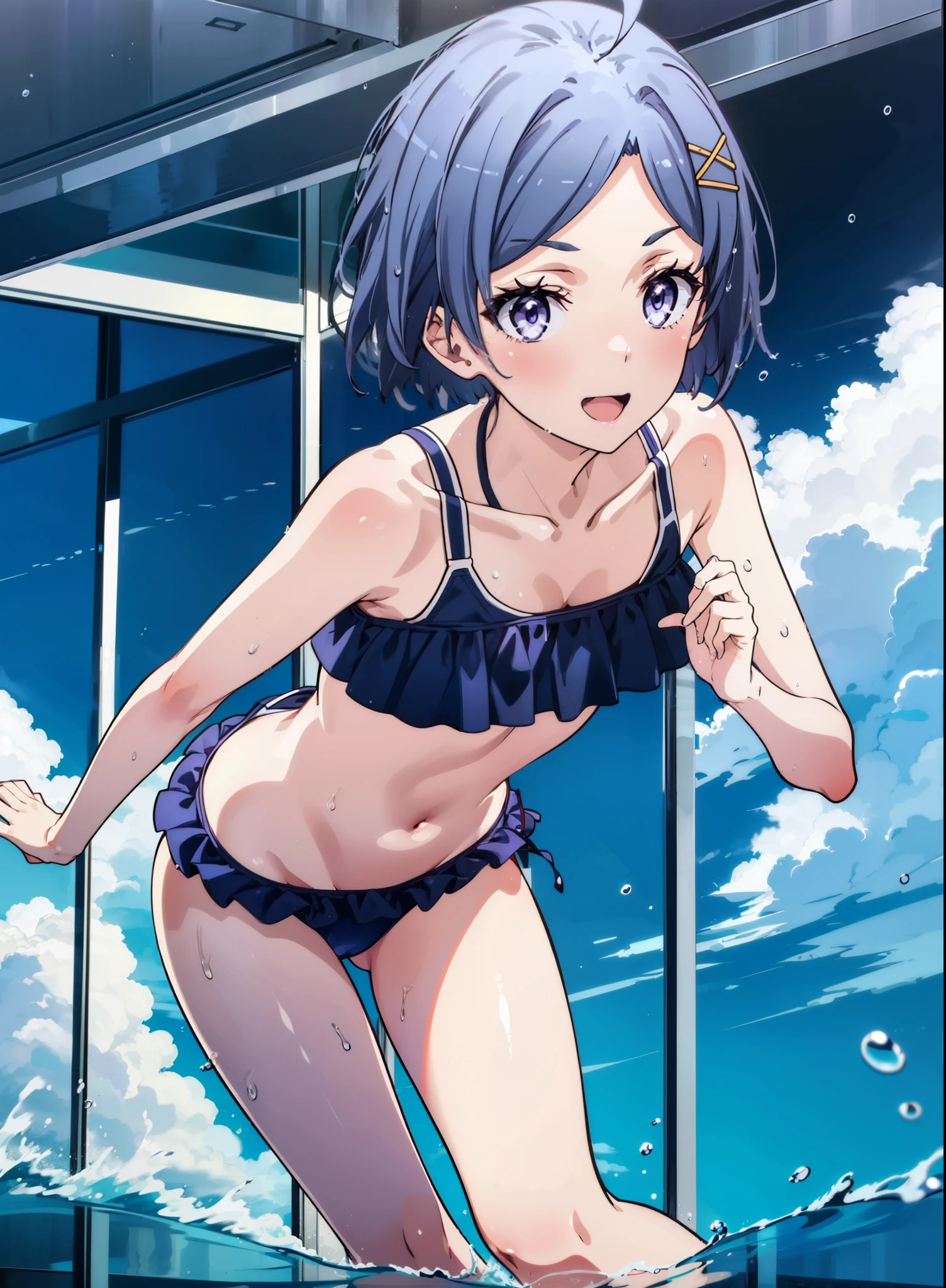 komachihikigaya, komachi hikigaya, short hair, Black Hair, hair ornaments, Ahoge, (Purple eyes:1.1), tooth, smile, Open your mouth, Bikini swimsuit with ruffles,barefoot,Water Play,Wet swimsuit,Wet Hair,Wet Skin,whole bodyがイラストに入るように,
break outdoors, Ocean,Beach,
break looking at viewer,whole body ,(Cowboy Shot:1. 5),
break (masterpiece:1.2), Highest quality, High resolution, unity 8k wallpaper, (figure:0.8), (Beautiful attention to detail:1.6), Highly detailed face, Perfect lighting, Highly detailed CG, (Perfect hands, Perfect Anatomy),