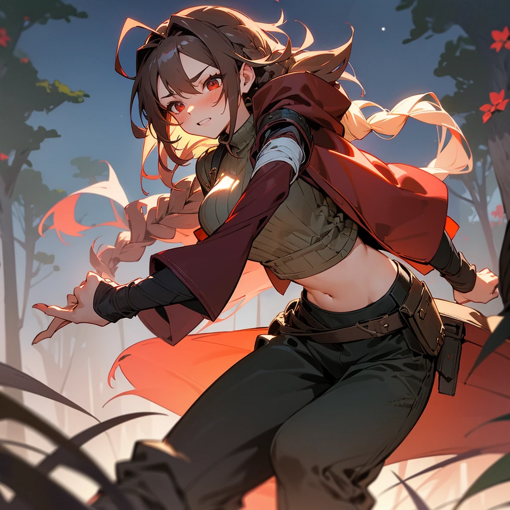 1female, sexy, young teen, finely detailed red eyes, wild long hair, braided hair, dark brown color hair, adventurer gear, crop top sweater, baggy combat pants, night time, dark forest, excited expression, flowers, blushing, standing on path, lanturns, black armband