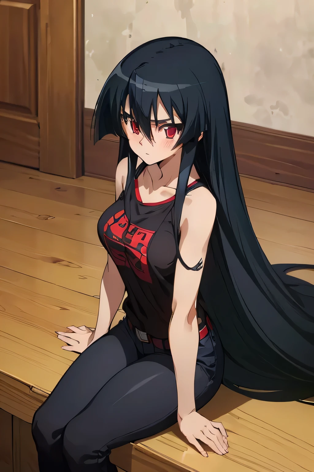 ((Master piece , best quality )),perfect face ,perfect eyes, beautiful red eyes, black hair,(( very long hair )),between eyes hair , blushing, looks serious, full body,sexy pose, ((1girl,solo)),Akame, ((T-shirt,black T-shirt ,black jeans  short )),sitting on the table 