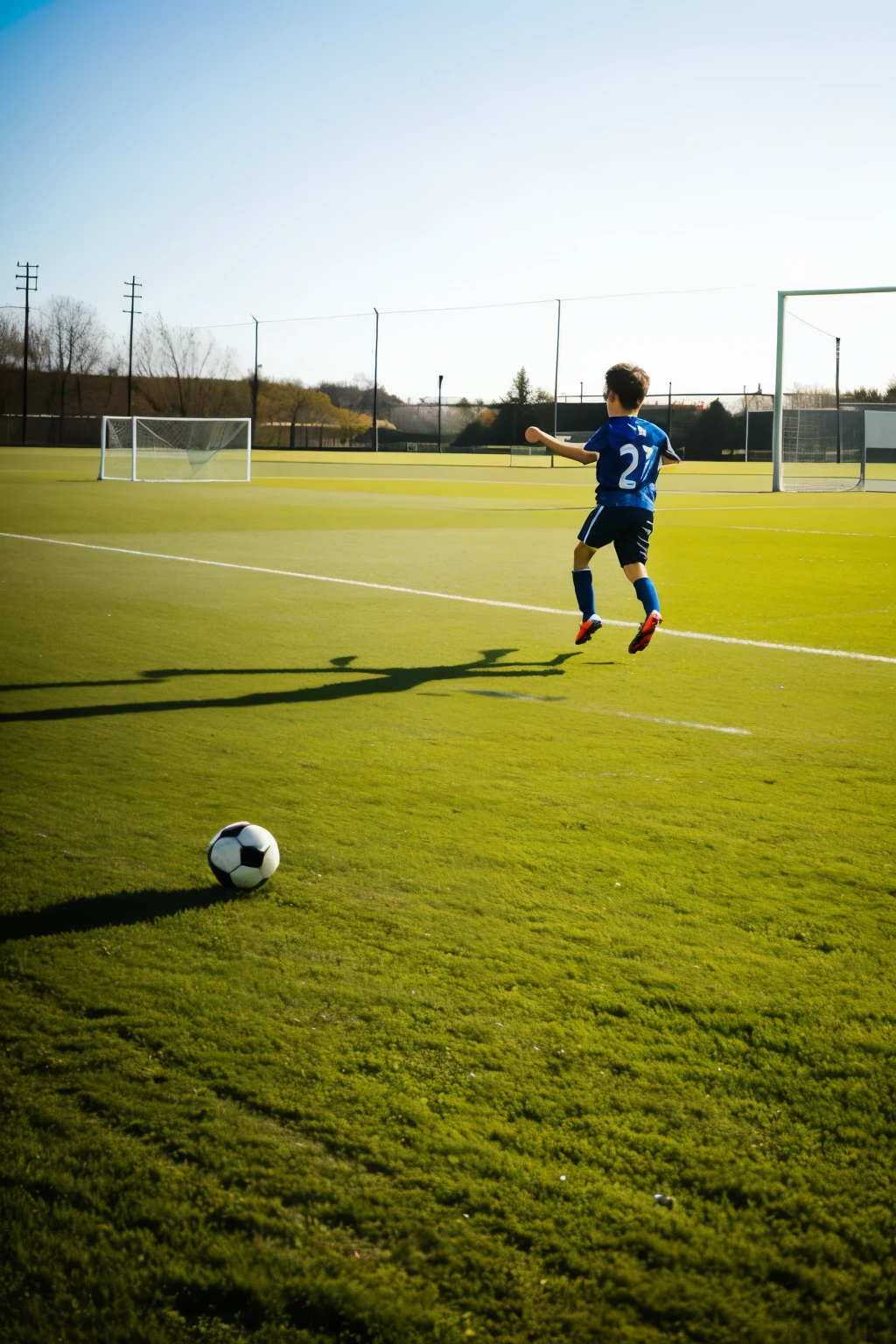Boy playing soccer alone