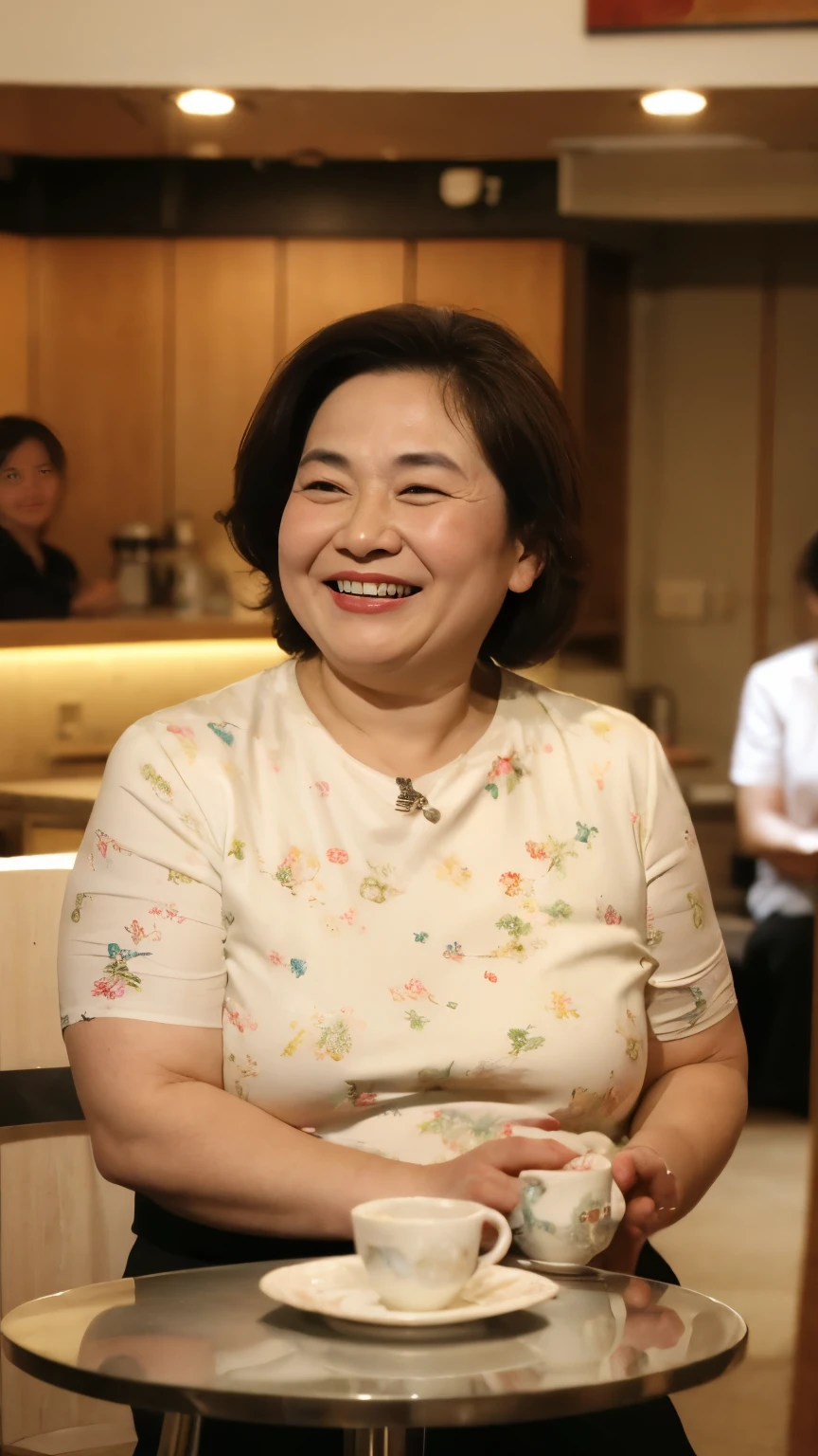 8k wallpaper, masterpiece, Highest quality, Very detailed, One Mature Woman, 50 years old, Become very clear, Wearing a spring-like shirt, Skin dents, Captivating smile, Looking at the audience, , Plump, Curvaceous, Attractive face, Smiling with teeth showing, I was happy, sitting in a cafe, Background Blur