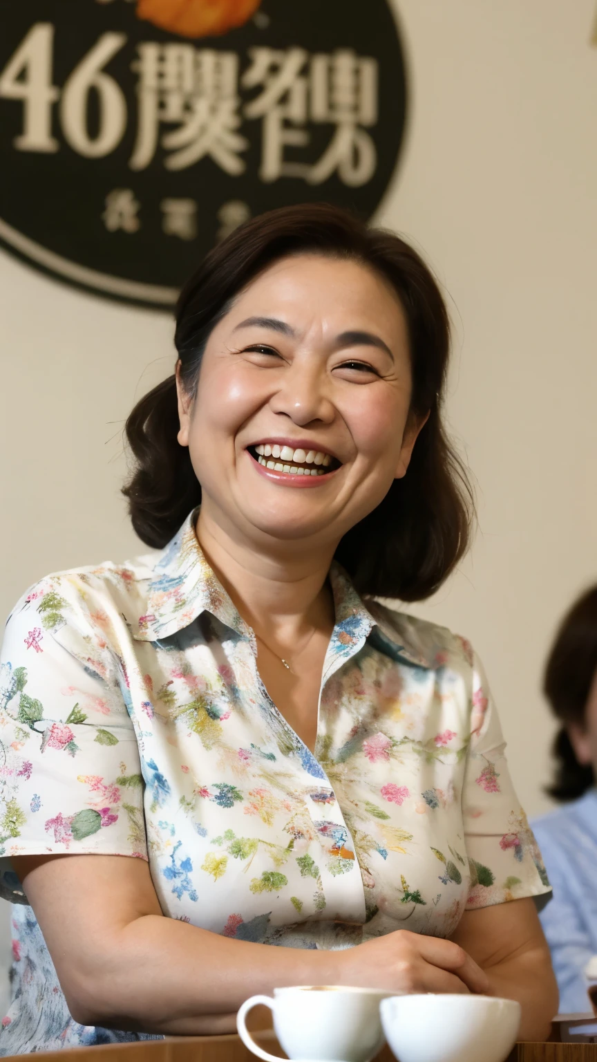 8k wallpaper, masterpiece, Highest quality, Very detailed, One Mature Woman, 50 years old, Become very clear, Wearing a spring-like shirt, Skin dents, Captivating smile, Looking at the audience, , Plump, Curvaceous, Attractive face, Smiling with teeth showing, I was happy, sitting in a cafe, Background Blur