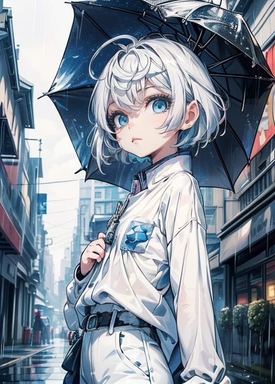 ((4K works))、​masterpiece、(top-quality)、1 beutiful girl、Slim body、tall、((Black Y-shirt and white pants、Charming street style))、Please wear one jacket、(Detailed beautiful eyes)、Morning City、((Rainy city))、Fashionable city with morning rain、((Face similar to Carly Rae Jepsen))、((Short-haired white hair))、((Smaller face))、((Neutral face))、((Bright blue eyes))、((American adult women))、((Adult female 26 years old))、((cool lady))、((Like a celebrity))、((Lonely look))、((Korean Makeup))、((elongated and sharp eyes))、((Happy dating))、((boyish))、((Upper body photography))、Professional Photos、((Shot alone))、((She's under the roof))、((Looking up at the sky))、((shot from a side angle))、((She is facing upwards))、((Her eyes are looking upwards))、((Raise the angle of the face up))