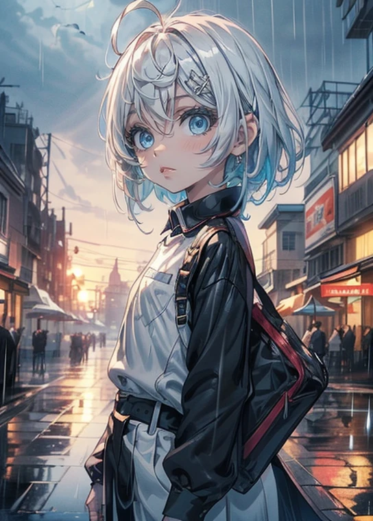 ((4K works))、​masterpiece、(top-quality)、1 beutiful girl、Slim body、tall、((Black Y-shirt and white pants、Charming street style))、Please wear one jacket、(Detailed beautiful eyes)、Morning City、((Rainy city))、Fashionable city with morning rain、((Face similar to Carly Rae Jepsen))、((Short-haired white hair))、((Smaller face))、((Neutral face))、((Bright blue eyes))、((American adult women))、((Adult female 26 years old))、((cool lady))、((Like a celebrity))、((Lonely look))、((Korean Makeup))、((elongated and sharp eyes))、((Happy dating))、((boyish))、((Upper body photography))、Professional Photos、((Shot alone))、((She's under the roof))、((Looking up at the sky))、((shot from a side angle))、((She is facing upwards))、((Her eyes are looking upwards))、((Raise the angle of the face up))