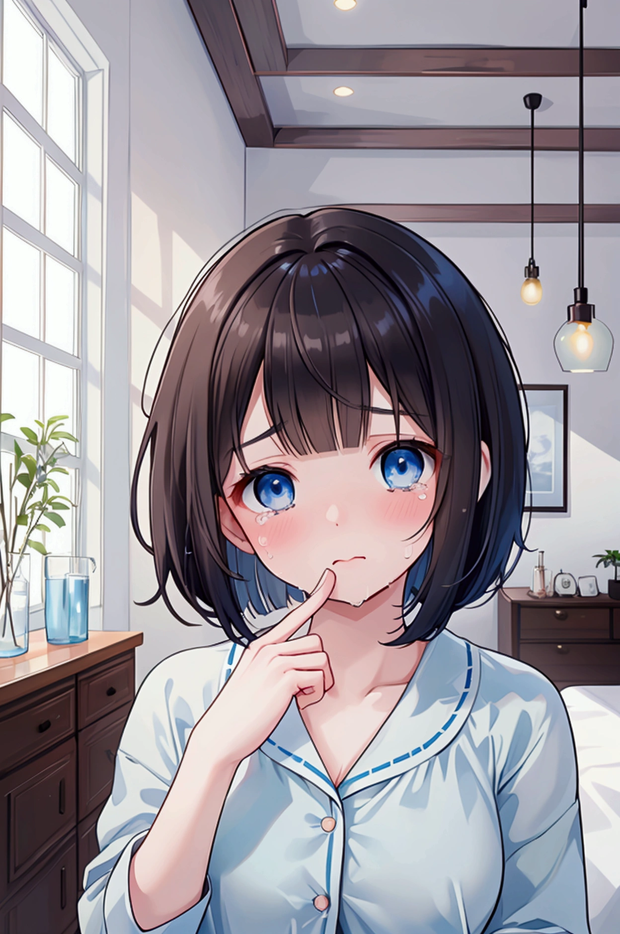 Photorealistic、Highest quality、Highest Resolution、Highest quality、16Ｋ、A beautiful woman who looks like she&#39;s about to cry、Cute face、Delicate face、sad、Bob cut hair、Dark Hair Color、Pale blue eyes、Beautiful breasts、Inside the house、pajamas、