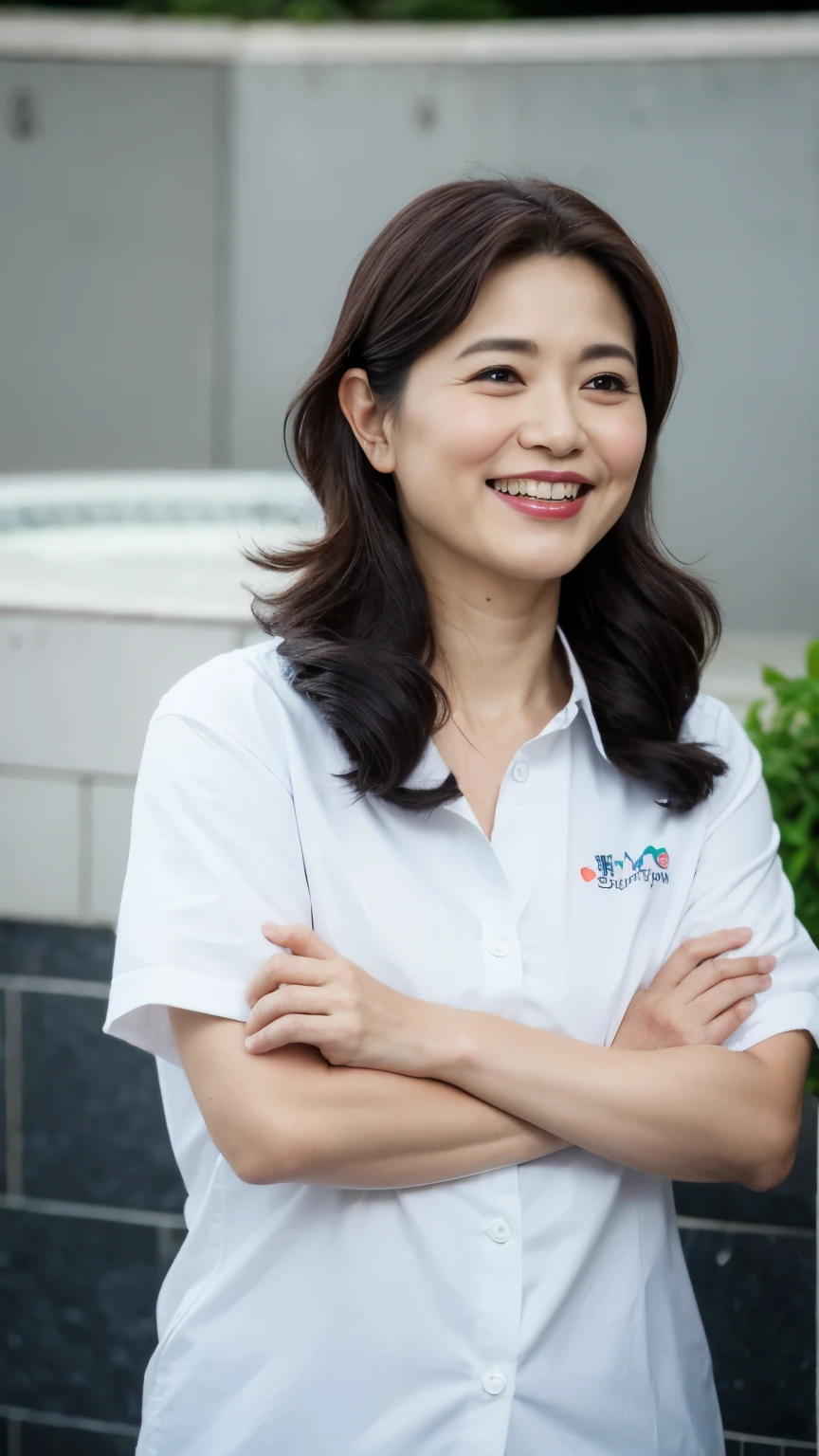 最high quality, In 8K, whole body, Real, Upper Body, high quality, High resolution, Detailed face, Detailed eyes, Thick lips, (Look at the viewers), alone, Middle-aged women, , 60 years old, , Wavy Hair, , Wearing short sleeves, Standing in front of a fountain, Wrinkles around the eyes, Smiling with teeth showing, Background Blur