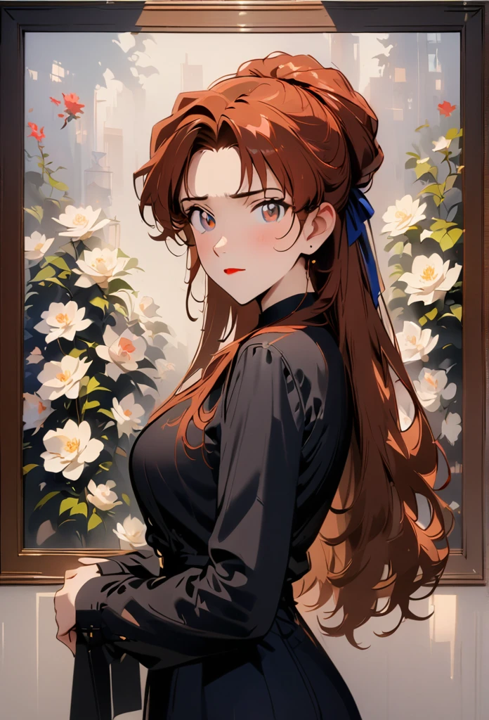 (best qualityer,4K,8k,high resolution,work of art:1.4), ultra detali, face detailed:1.3, Eleven, long hair, russet hair, glare eyes, sexly, flowers in the background , anime styling, red hair