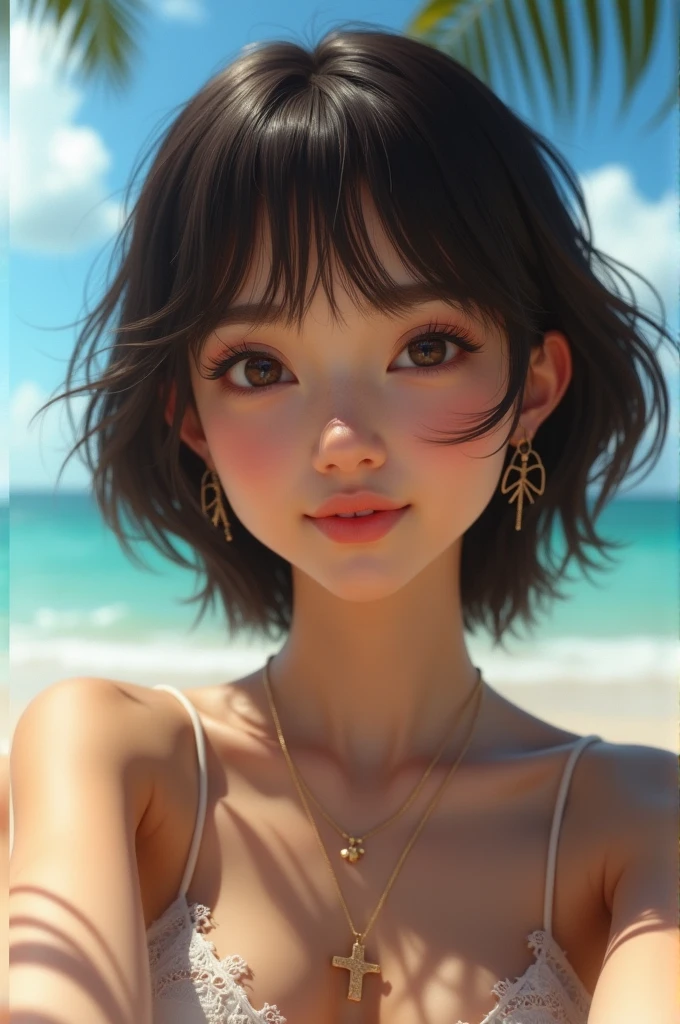 girl, White skin, ((Dark brown short tiered hair)), (Dark brown short hair),V cut with layers and bangs, Brown eyes, Soft atmosphere characteristics (Highest quality, Ultra-high resolution, 8k, RAW Photos, Ultra-high resolution: 1.2, masterpiece: 1.3), (Realistic, Realistic: 1.37), Very detailed, Professional Lighting, Photon Mapping, Radio City, 物理ベースレンダring, 一人のgirl, (high school ), Sharp focus:1.2、Beautiful woman:1.4,cute, Nice,(Adorable smile:1.2), Normal chest, Cross Necklace、Earrings、ring,(Cleavage)、((( Bandeau bikini:1.2),(looking at the camera:1.2),Palm tree,Sandy Beach,At Waikiki Beach)(),(Selfie:1.1),