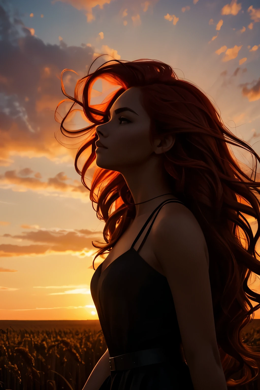 **Dramatic high contrast silhouette image showing a beautiful beautiful Mexican woman with long flowing red hair. The woman is standing in profile in a wheat field at sunset, with head slightly tilted and hair cascading in waves, capturing light to create a striking visual effect. the background is dark, which enhances the vibrant color of the hair and the contours of the figure. Lighting emphasizes hair texture and movement, while the rest of the body remains in shadow, which creates a feeling of mystery and elegance. The overall composition is artistic and visually captivating, and focuses on the interaction of light and shadow**