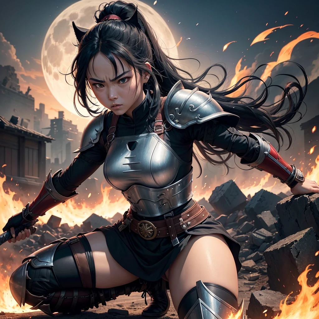 A female warrior, Akira Yuki, with shiny black armor and helmet shaped like a fox head. Your eyes shine brightly blue. She has long black hair, tied up in a high ponytail. His armor is detailed with mystical elements and blue lights, reflecting power and magic. Akira has a medium height, defined muscles and carries a magical sword with mystical inscriptions along the blade. She has a determined and focused expression, reflecting his thirst for revenge and justice. Armor includes a belt with pockets and hidden daggers,, the fearless Moon Warrior, in a dramatic scene. Akira is in the center of a devastated village, with ruined buildings and flames in the background, burned by Kenji Tanaka. She's kneeling, holding a katana with determination, with a look of fury and sadness on his face. Your armor is damaged, and the full moon shines brightly in the sky, highlighting the devastation around you. The scenery is bleak, with details of destruction, like rubble and fire. The image should convey the emotion of loss and Akira's firm resolve to seek revenge