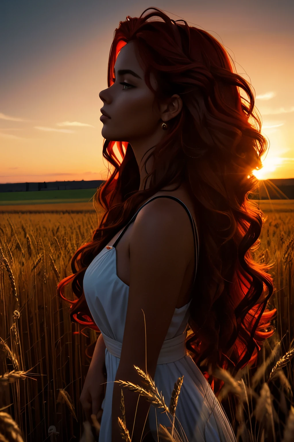 **Dramatic high contrast silhouette image showing a beautiful beautiful Mexican woman with long flowing red hair. The woman is standing in profile in a wheat field at sunset, with head slightly tilted and hair cascading in waves, capturing light to create a striking visual effect. the background is dark, which enhances the vibrant color of the hair and the contours of the figure. Lighting emphasizes hair texture and movement, while the rest of the body remains in shadow, which creates a feeling of mystery and elegance. The overall composition is artistic and visually captivating, and focuses on the interaction of light and shadow**