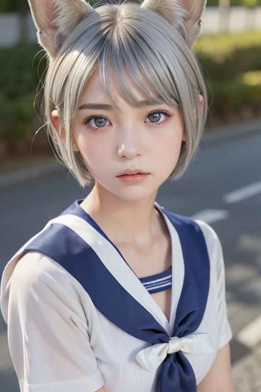 (Silver Hair))、((short hair))、Fox Ears、((-yeld gi)、(Summer sailor suit:1.2)on the road、Highly detailed face、Pay attention to the details、double eyelid、Beautiful thin nose、Sharp focus:1.2、Beautiful woman with cleavage:1.4、Pure white skin、Highest quality、masterpiece、Ultra-high resolution、(Realistic:1.4)、Highly detailed and professional lighting、((Troubled face))