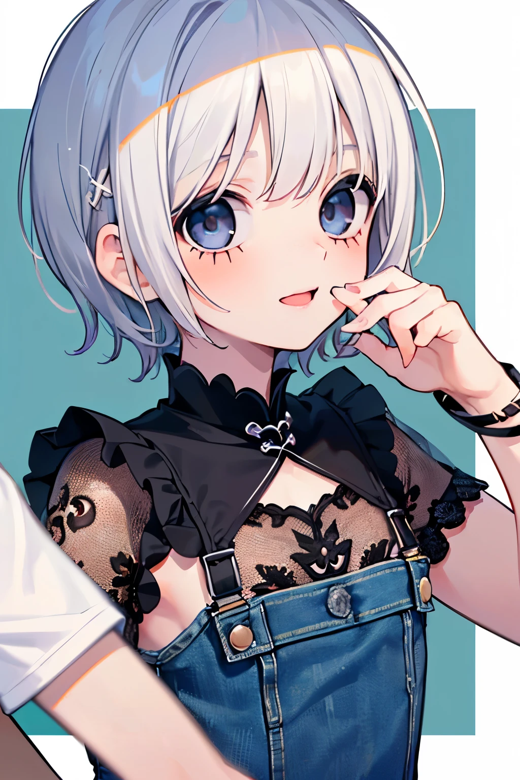 (1boy:1.3),(short hair:1.3),((独奏:1.25)),(Small breasts,Flat chested:1.0),(black and white hair:1.2),(medium hair:1.1),(twilight eyes:1.2),((denim and lace,botanical pattern dress:1.2)),short sleeve,short hem clothes,open your mouth,Smile,kiss face,((deep-throating:1.1)),Close-up of face,summer vacation