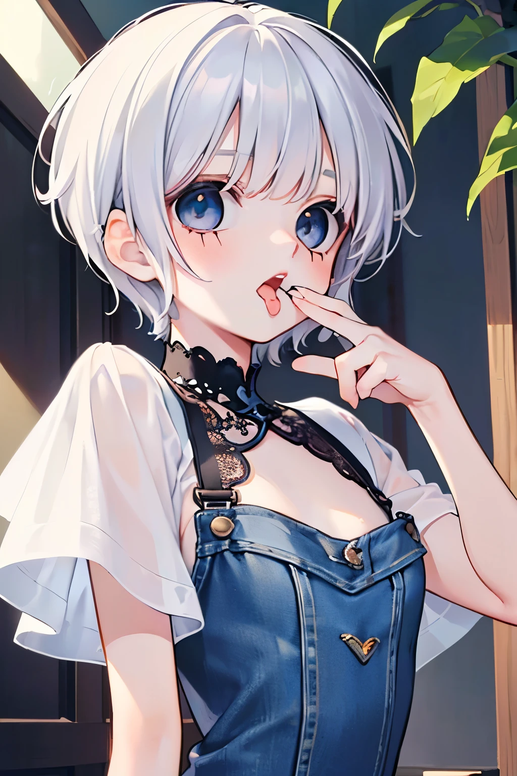 (1boy:1.3),(short hair:1.3),((独奏:1.25)),(Small breasts,Flat chested:1.0),(black and white hair:1.2),(medium hair:1.1),(twilight eyes:1.2),((denim and lace,botanical pattern dress:1.2)),short sleeve,short hem clothes,open your mouth,kiss face,((deep-throating:1.1))Close-up of face,