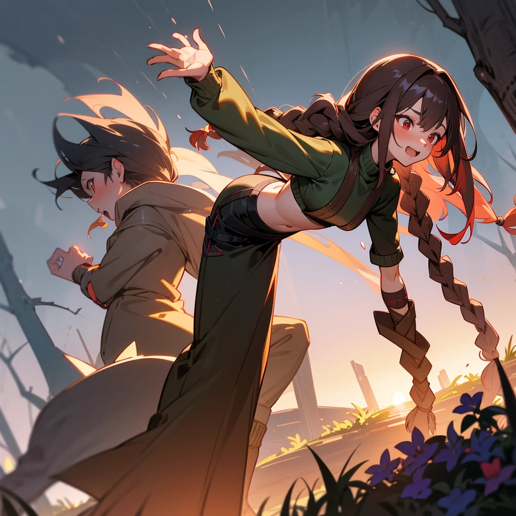 1female, sexy, young teen, finely detailed red eyes, wild long hair, braided hair, dark brown color hair, adventurer gear, crop top sweater, baggy combat pants, night time, dark forest, excited expression, flowers, blushing, standing on path, lanturns, black armband