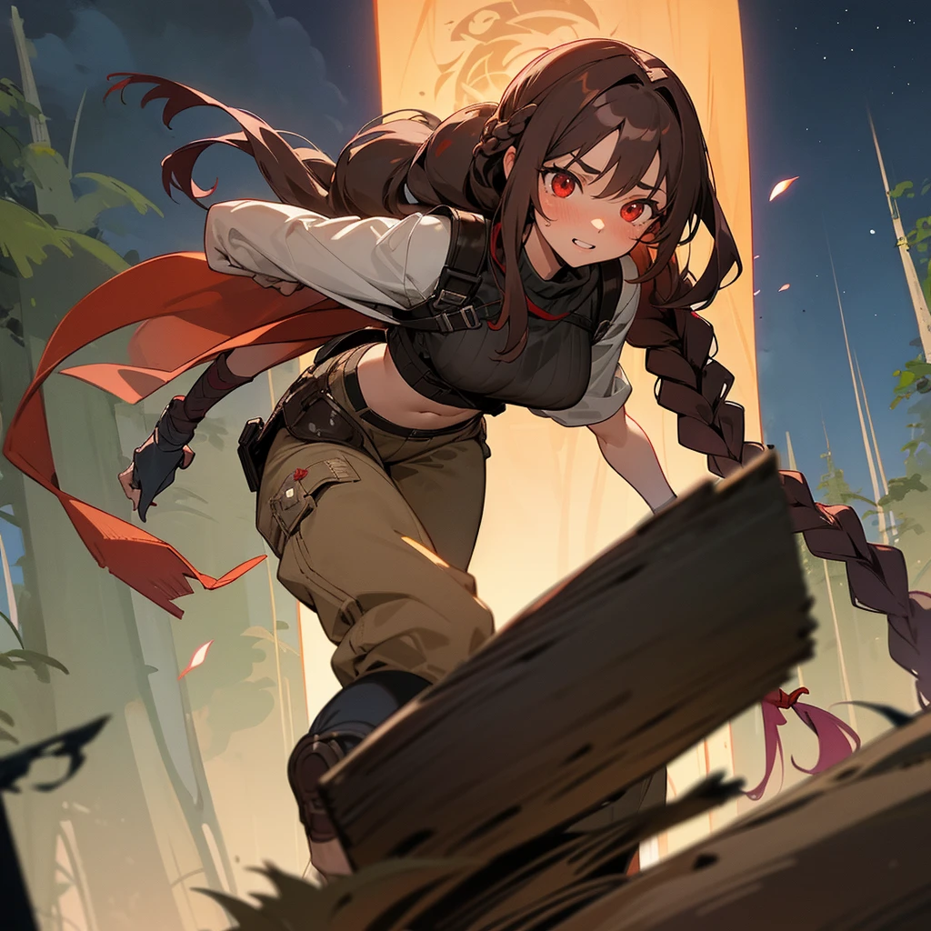 1female, sexy, , finely detailed red eyes, wild long hair, braided hair, dark brown color hair, adventurer gear, crop top sweater, baggy combat pants, night time, dark forest, excited expression, flowers, blushing, standing on path, lanturns, black armband