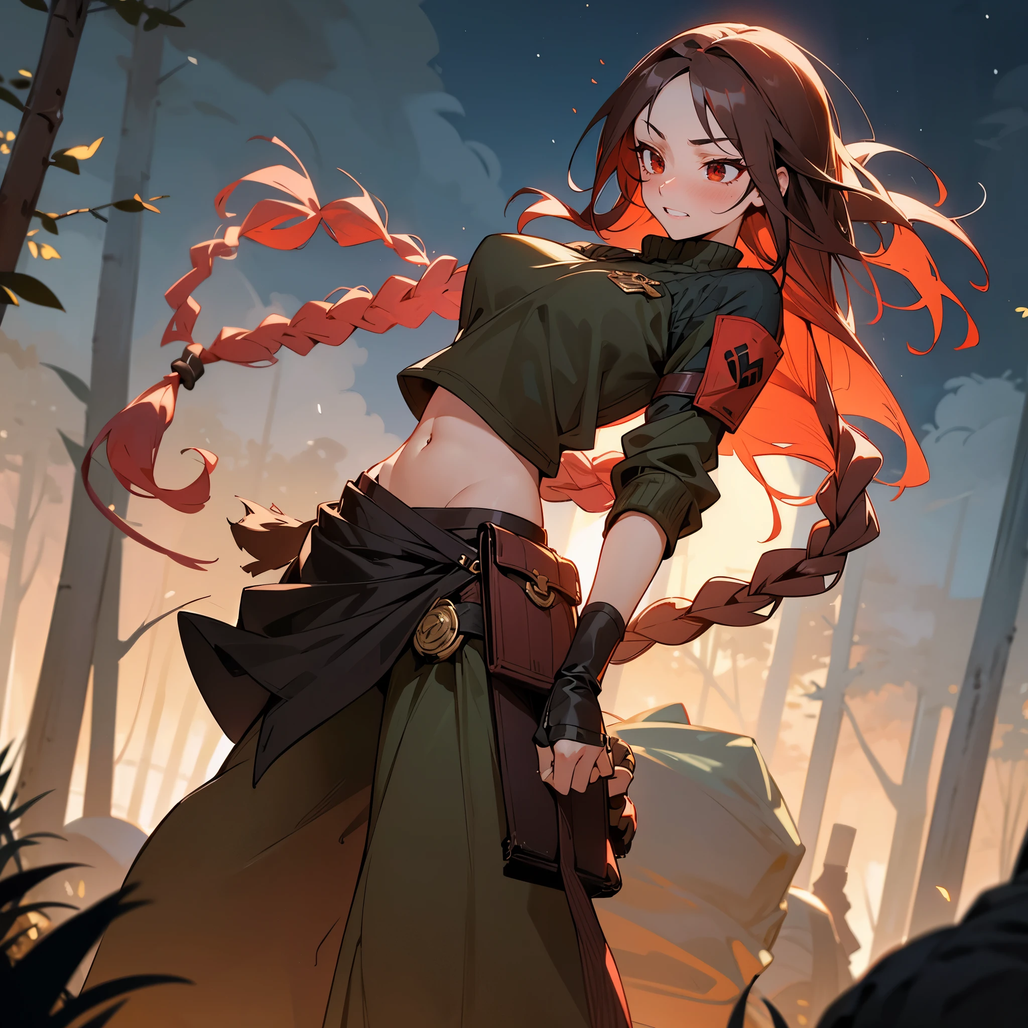 1female, sexy, young , finely detailed red eyes, wild long hair, braided hair, dark brown color hair, adventurer gear, crop top sweater, baggy combat pants, night time, dark forest, excited expression, flowers, blushing, standing on path, lanturns, black armband