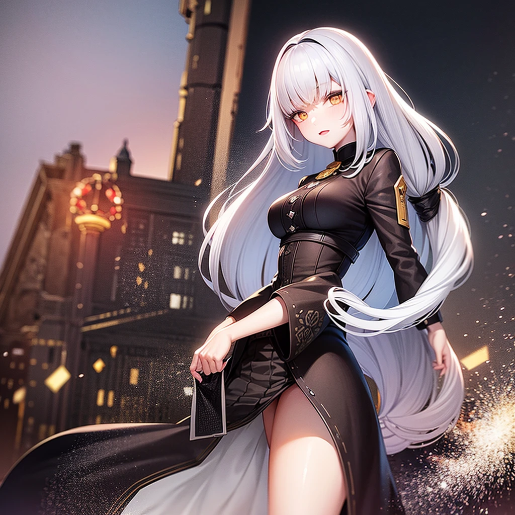 warlock woman with white hair and yellow eyes hell race with wizard&#39;s robe and a staff