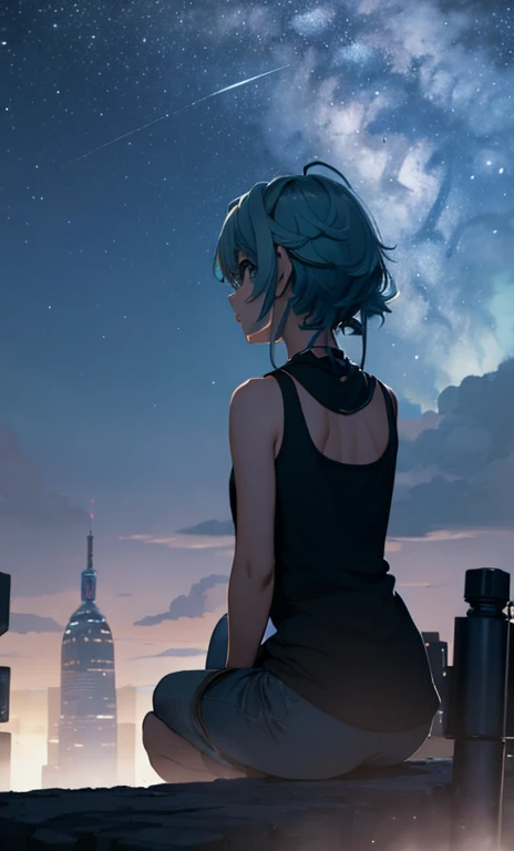 octans, sky, star (sky), scenery, starry sky, night, 1girl, night sky, solo, outdoors, building, cloud, milky way, sitting, 1girl, tank top, bare shoulders, city, silhouette, cityscape, euladef, light blue hair, medium hair, from behind