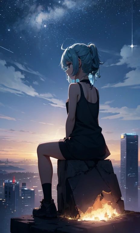 Dark abandoned city, lingerie, (Rem from Rezero), looking forward to a horizon, lens flare, flames, night, view from above, dark ambient, shadows, contrast, light focus at body
