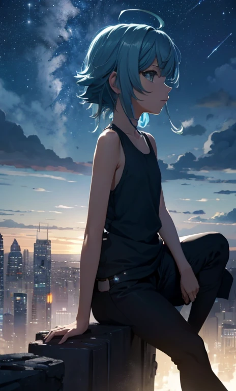 octans, sky, star (sky), scenery, starry sky, night, 1girl, night sky, solo, outdoors, building, cloud, milky way, sitting, 1girl, tank top, bare shoulders, city, silhouette, cityscape, euladef, light blue hair, medium hair, from behind