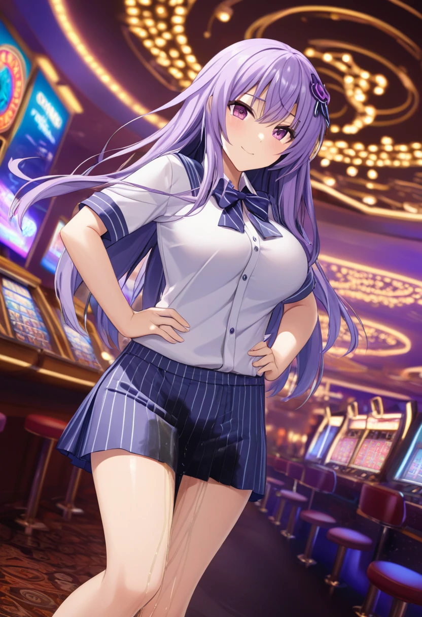 woman, Iris Heart, Neptunia \(series\), purple hair, very long hair, pink eyes, long hair, large breasts, (standing:1.5), (wetting herself:1.5), best quality, ultra-detailed, HDR, studio lighting, professional, vivid colors, sharp focus, bokeh, landscape, casino, neon lights, soft lighting, dynamic shadows, facing viewer, (hands on hips:1.5)