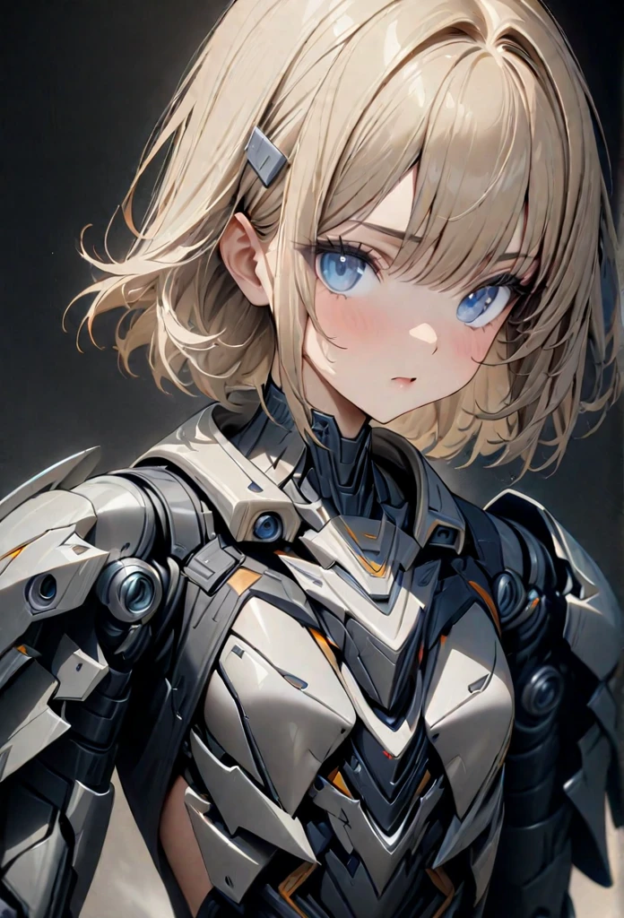 (One girl,high quality,High resolution,8k,High precision,masterpiece:1.2,) Blonde girl,flat chest, medium hair, blue eyes, Gray robotic barrette, Gray robot armor, simple background