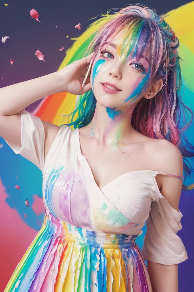 (Pink Fashion T-Shirt:1.9),(colorfulな髪: 1.8), (All the colors of the rainbow: 1.8),(((((vertical painting:1.6))), (painting:1.6),front, comics, shapes, paintings, Big eyes, Clear Eyes,( Rainbow gradient high ponytail:1.7), Exquisite makeup, Mouth closed,(Small fresh: 1.5),(Wipe the chest: 1.6) ,Long eyelashes, off shoulder white t-shirt, White shoulder shirt,Looking at the audience, Big teary eyes, (Rainbow Hair:1.6), カラーsplash, (alone:1.8), カラーsplash, explosion of colors, thick paint style, Messy Lines, ((The Shining)),(colorful), (colorful), (colorful), colorful, Thick paint Style, (splash) (Color splash), Vertical painting, Upper Body, paint splash, Acrylic Pigments, slope, paint, Best image quality, Highest quality, masterpiece, alone, Written boundary depth, Face paint, colorful clothes, (elegant: 1.2), Nice,Long Hair, Wind, (elegant: 1.3), (petal: 1.4),(((masterpiece))),(((Highest quality))),((Very detailed)),(shape),(Dynamic Angle),((floating)),(paint),((Disheveled Hair)),(alone),(One Girl) , (((Detailed anima face))),((Beautifully detailed face)),collar,Exposing shoulders,Gray Hair, ((colorful hair)),((Striped Hair)),Beautiful attention to detail,(slope color eyes),(((colorful eyes))),(((colorful background))),(((High chroma))),(((surrounded by colorful splashes))), Large Breasts, smiling,