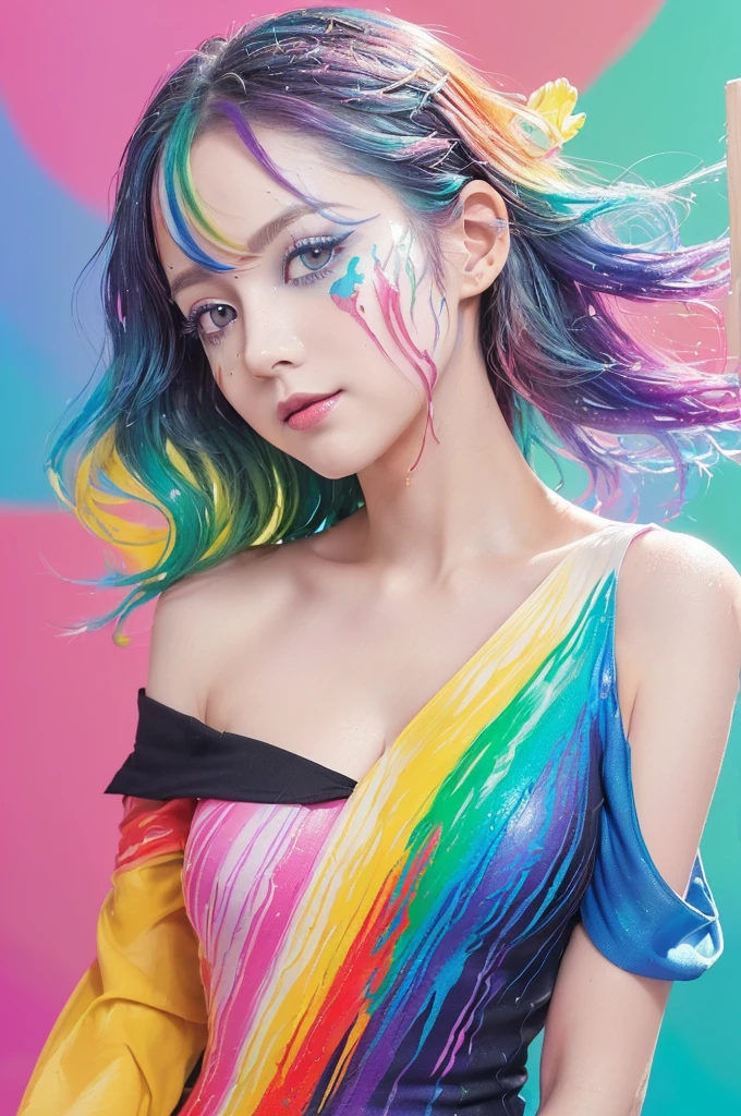 ((highest quality, 8k, masterpiece:1.3, 1 girl, beautiful girl)),((Big Breasts:1.3)), High resolution, cute, dynamism, Detailed face, Detailed skin, fine grain, Detailed lips, Realistic, RAW Photos, Natural light, Perfect Anatomy, Dynamic pose, Round ass, double eyelid, We say, Round eyes, Moist lips, Split Color Hair, Rainbow Hair, smile, ((Colorful liquid on the body, Colorful liquid, Colorful paint)), Colorful body, Colorful paint background, pubic hair, Colorful liquid dripping from the body, bangs, Hair Bun