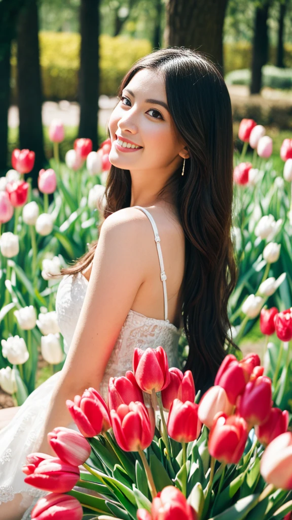 Beautiful woman with tulips