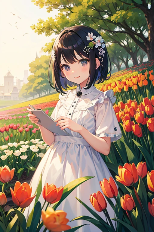 Highest quality、Black Hair、Iris、short hair、girl、cute、16 years old、、Small hair ornament、1 person、cuteワンピース、Tulip fields behind、A happy look、