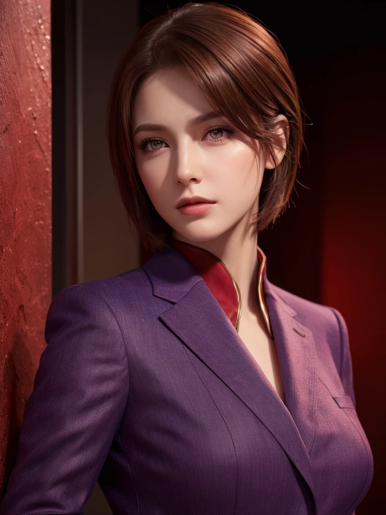 masterpiece, high quality,Dramatic lighting, One Woman, (Detailed face, Realistic skin texture, red rush:1.3), Short brown hair, Purple eyes, suit, lean forward