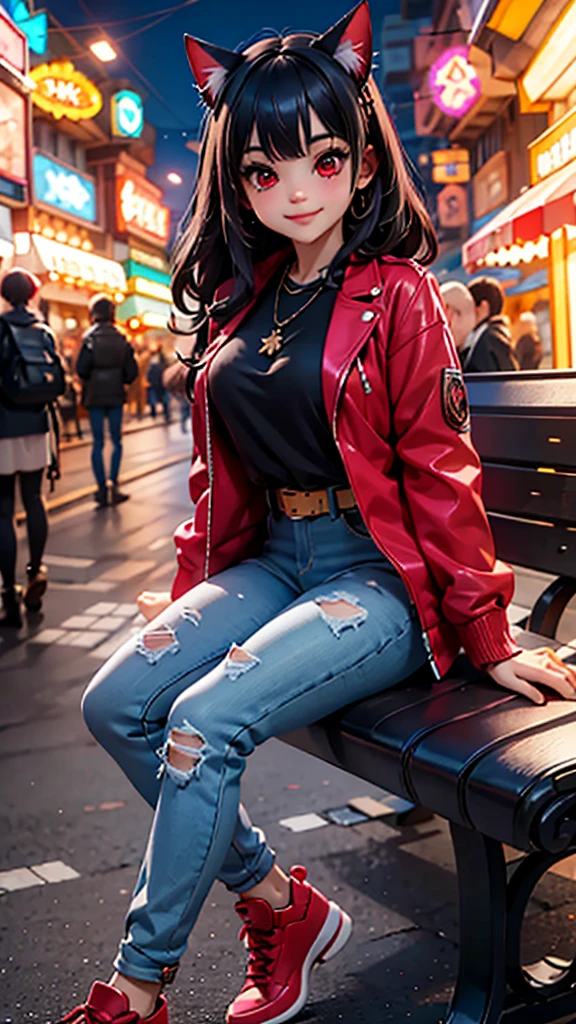 1girl junkotvv ,red eyes,black hair,flequillo, cat ears, belt,necklace,red jacket,jeans, looking at viewer, smiling, happy, sitting, on bench, holding large stuffed animal, outside, carnival, night, crowd, neon lighting, high quality, masterpiece,
