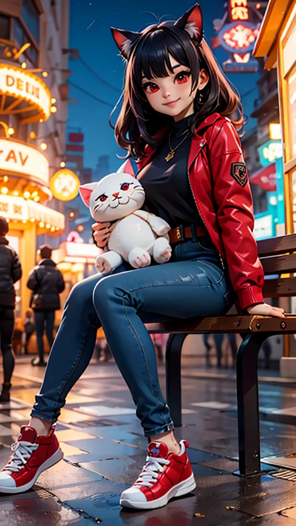 1girl junkotvv ,red eyes,black hair,flequillo, cat ears, belt,necklace,red jacket,jeans, looking at viewer, smiling, happy, sitting, on bench, holding large stuffed animal, outside, carnival, night, crowd, neon lighting, high quality, masterpiece,