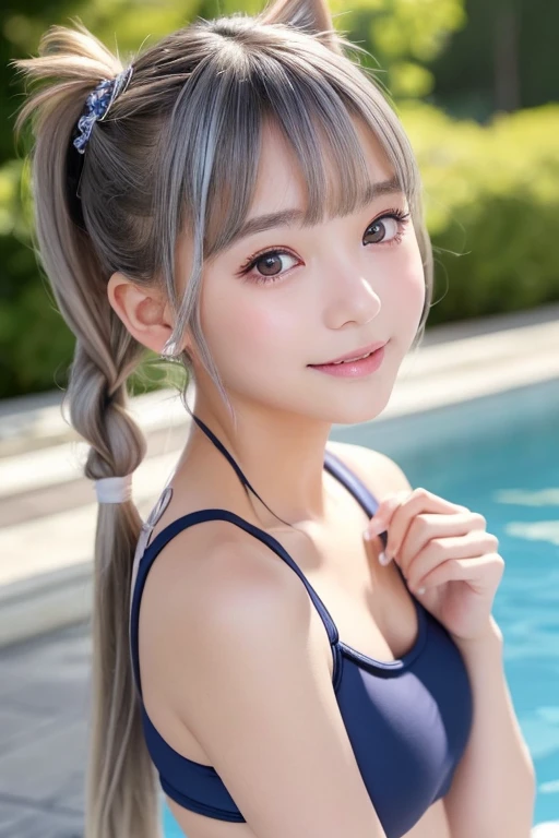 (Silver Hair))、((short hair))、Fox Ears、(())、、Very detailedな顔、Pay attention to the details、double eyelid、Beautiful thin nose、Sharp focus:1.2(Highest quality, masterpiece:1.2), Ultra-high resolution、One person、stand.Japanese genius、Pool Class、Teen、Puberty、(Nachool Swimsuit)、 Something is wrong、, Very detailed, Realistic, P金traiture, Bright col金s, Fine sentences、Wavy Hair、Black Hair、bangs、One is a ponytail、Or pigtails、Hair accessories such as ribbons、Nogizaka Idol、A little blush、Beautiful and kind eyes、Strong smile。、Proactively、&#39;you&#39;、the body is slim、Bust A cup、Powerful and sexy images。Baby Face、relax、Victory smile 、、Non-NSFW images、Her parents are watching off-camera.......。Everyone is safe......。、(Full body image)