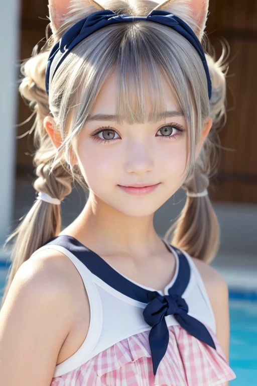 (Silver Hair))、((short hair))、Fox Ears、((13-year-old girl))、、Very detailedな顔、Pay attention to the details、double eyelid、Beautiful thin nose、Sharp focus:1.2(Highest quality, masterpiece:1.2), Ultra-high resolution、One person、stand.Japanese genius、Pool Class、Teen、Puberty、(Navy School Swimsuit)、 Something is wrong、, Very detailed, Realistic, P金traiture, Bright col金s, Fine sentences、Wavy Hair、Black Hair、bangs、One is a ponytail、Or pigtails、Hair accessories such as ribbons、Nogizaka Idol、A little blush、Beautiful and kind eyes、Strong smile。、Proactively、'you'、the body is slim、Bust A cup、Powerful and sexy images。Baby Face、relax、Victory smile 、、Non-NSFW images、Her parents are watching off-camera.......。Everyone is safe......。、(Full body image)