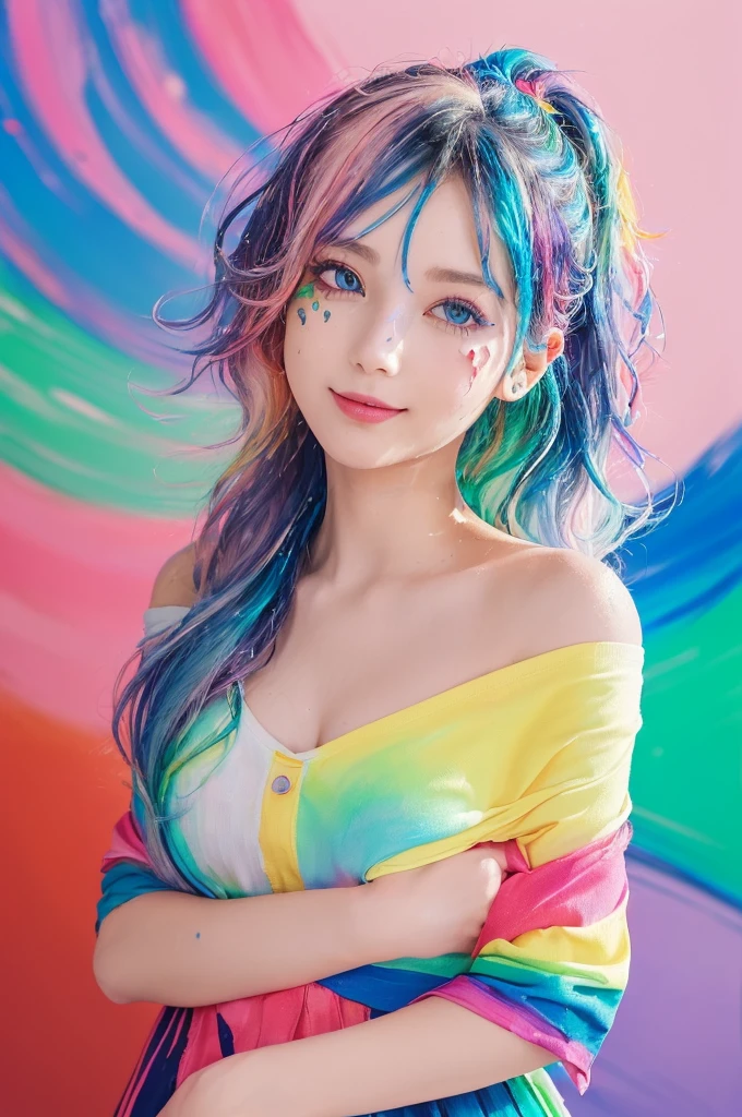 (Pink Fashion T-Shirt:1.9),(colorfulな髪: 1.8), (All the colors of the rainbow: 1.8),(((((vertical painting:1.6))), (painting:1.6),front, comics, shapes, paintings, Big eyes, Clear Eyes,( Rainbow gradient high ponytail:1.7), Exquisite makeup, Mouth closed,(Small fresh: 1.5),(Wipe the chest: 1.6) ,Long eyelashes, off shoulder white t-shirt, White shoulder shirt,Looking at the audience, Big teary eyes, (Rainbow Hair:1.6), カラーsplash, (alone:1.8), カラーsplash, explosion of colors, thick paint style, Messy Lines, ((The Shining)),(colorful), (colorful), (colorful), colorful, Thick paint Style, (splash) (Color splash), Vertical painting, Upper Body, paint splash, Acrylic Pigments, slope, paint, Best image quality, Highest quality, masterpiece, alone, Written boundary depth, Face paint, colorful clothes, (elegant: 1.2), Nice,Long Hair, Wind, (elegant: 1.3), (petal: 1.4),(((masterpiece))),(((Highest quality))),((Very detailed)),(shape),(Dynamic Angle),((floating)),(paint),((Disheveled Hair)),(alone),(One Girl) , (((Detailed anima face))),((Beautifully detailed face)),collar,Exposing shoulders,Gray Hair, ((colorful hair)),((Striped Hair)),Beautiful attention to detail,(slope color eyes),(((colorful eyes))),(((colorful background))),(((High chroma))),(((surrounded by colorful splashes))), Large Breasts, smiling,