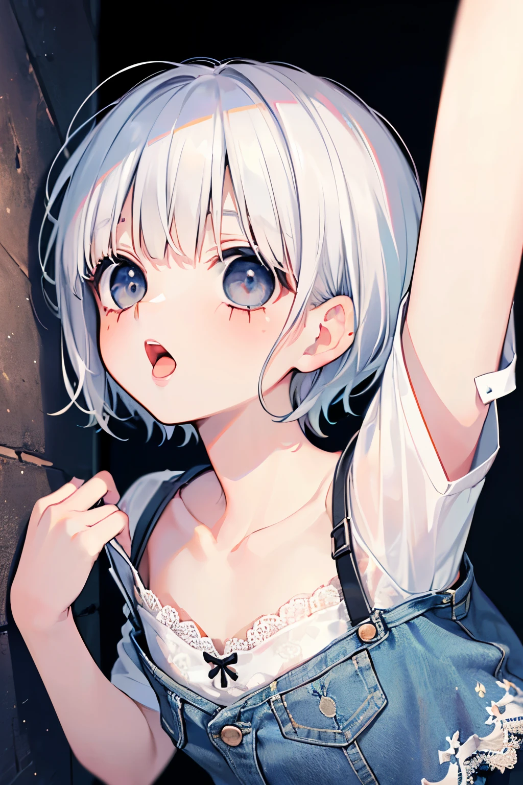 (1boy:1.3),(short hair:1.3),((独奏:1.25)),(Small breasts,Flat chested:1.0),(black and white hair:1.2),(medium hair:1.1),(twilight eyes:1.2),((denim and lace,botanical pattern dress:1.2)),short sleeve,short hem clothes,open your mouth,kiss face,((deep-throating:1.1))Close-up of face,