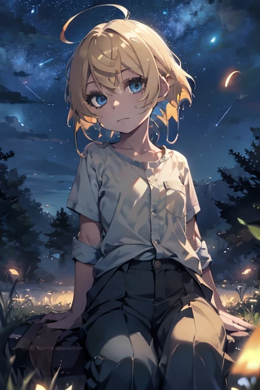 A young guy with blond hair in a loose shirt and trousers sits in the grass looking at the sky, A slight smile, Fireflies, Shining stars, night  sky, detailing, 4k, hd,