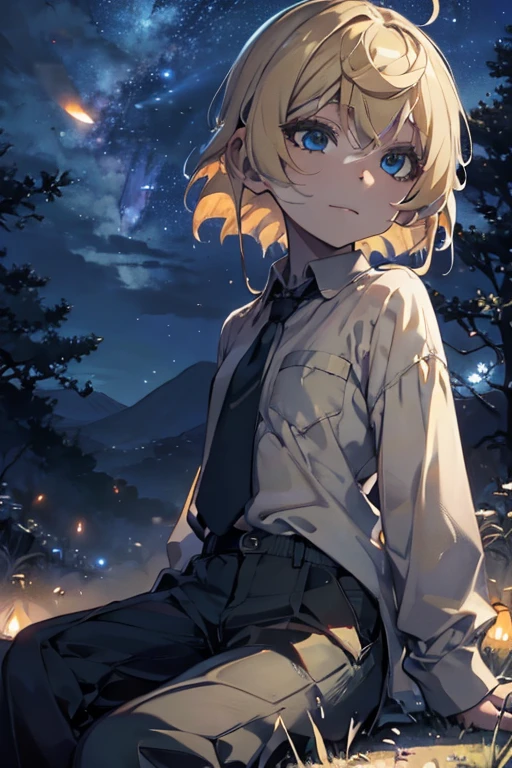 A young guy with blond hair in a loose shirt and trousers sits in the grass looking at the sky, A slight smile, Fireflies, Shining stars, night  sky, detailing, 4k, hd,