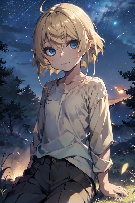 A young guy with blond hair in a loose shirt and trousers sits in the grass looking at the sky, A slight smile, Fireflies, Shining stars, night  sky, detailing, 4k, hd,