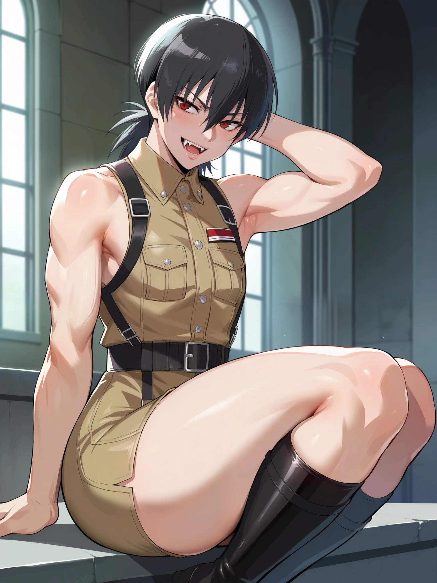 source_anime, rating_explicit, score_9, score_8_up, score_7_up, black_hair, goth, gothic, short_hair, looking at viewer, crop top, skirt, thighhighs, black clotges, hellsing, goth girl, ikuchan, smirk, green eyes, smirk, standing, indoors, bedroom, fancy wallpaper, 1boy, cuckold, large male, ((size difference)), ((male head out of frame)), front view, light skinned male, pale skinned male, ntr, netorare, standing side by side, standing, giant penis, duo, penis, huge penis, fat bastard,  chubby male, lean female, gigantic male